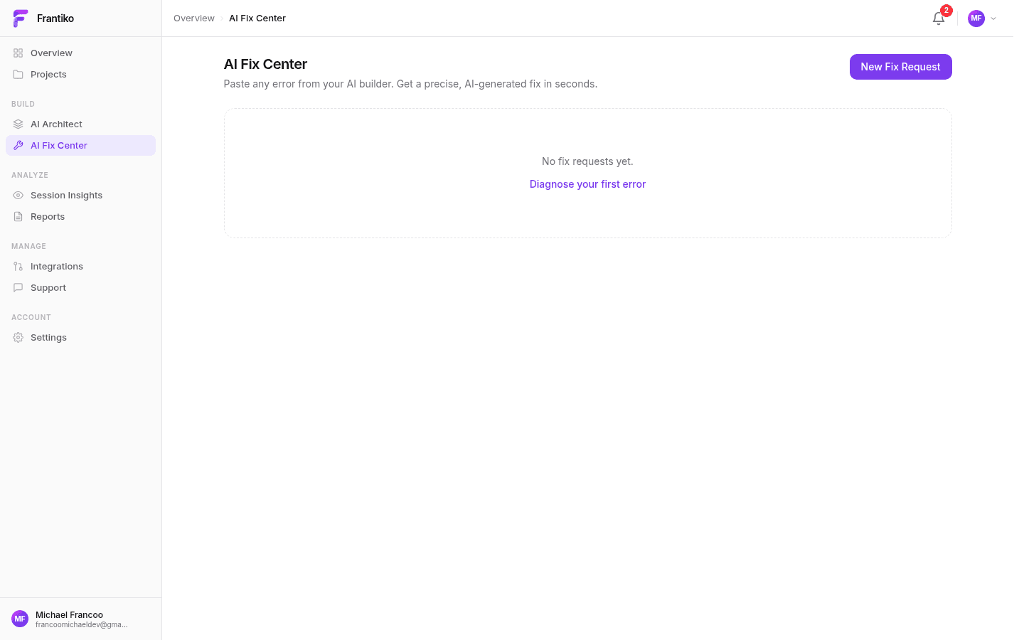 AI Fix Center interface — error diagnosis and fix prompts