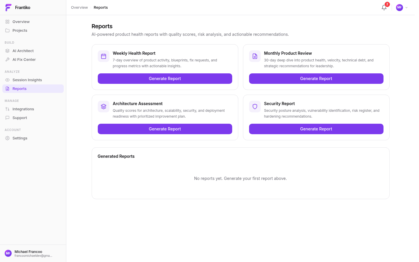 Product Reports dashboard — automated weekly and monthly product health reports