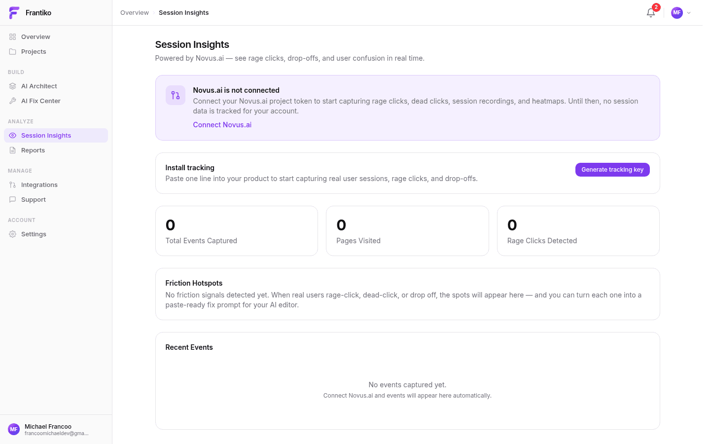 Session Insights dashboard — behavioral analytics and heatmaps